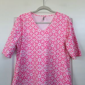 LULU B Womens Dress Sz L Pink Geometric Print Elbow Sleeve Jersey Stretch V Neck